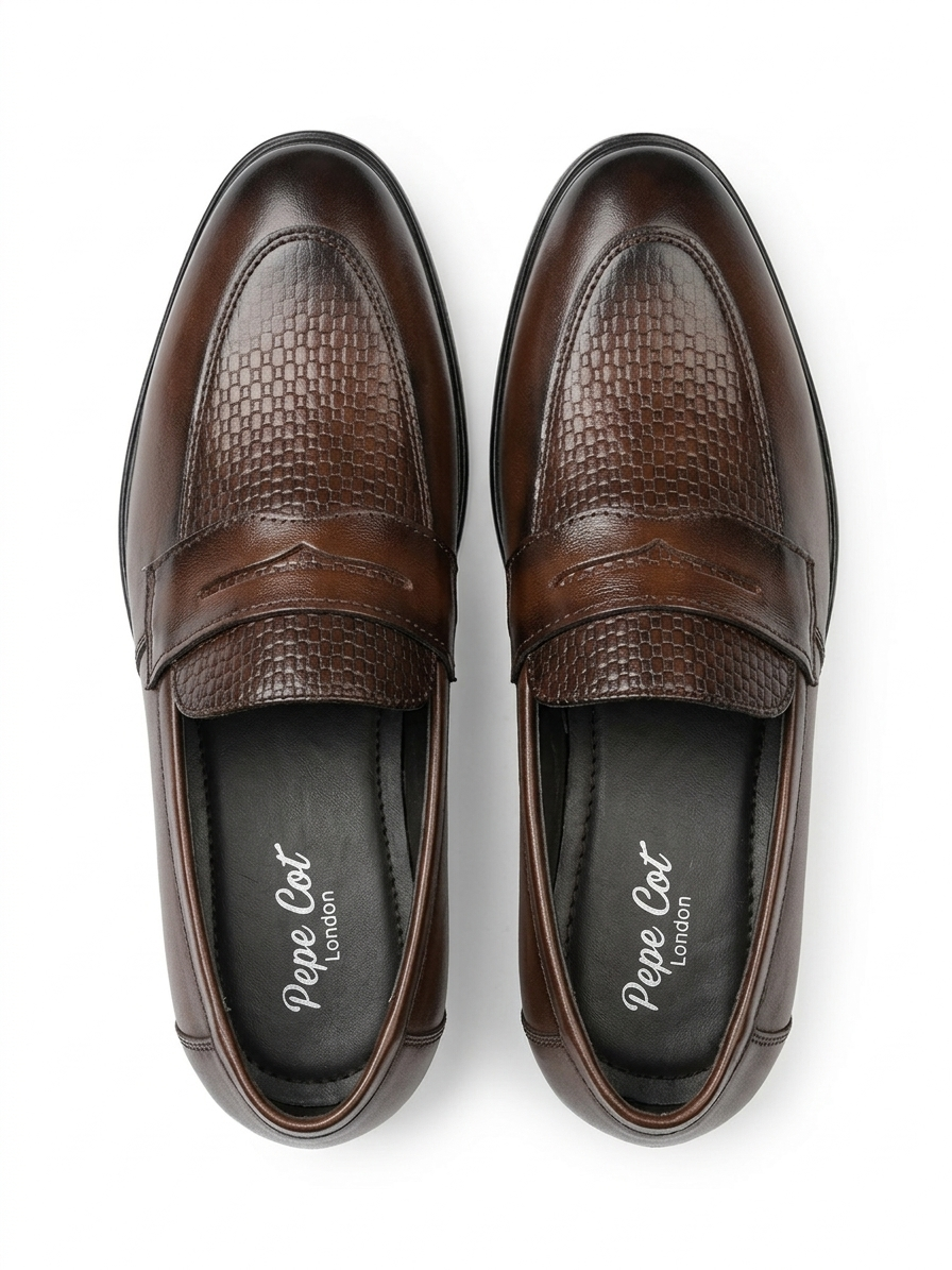 Pepe Cot London Men's Premium Brown Textured Penny Loafers | Formal & Semi-Casual Slip-On Dress Shoes