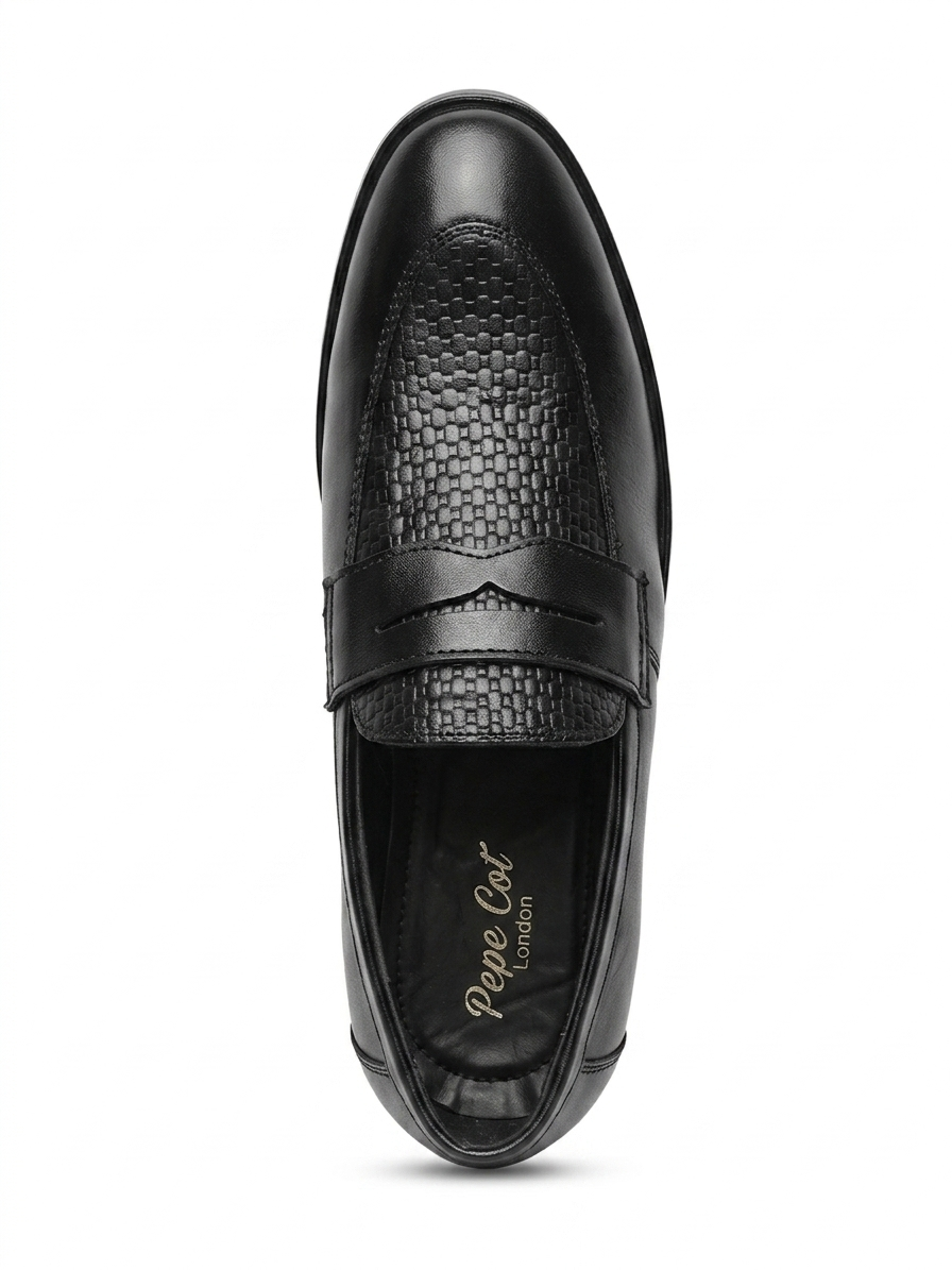 Pepe Cot London Men's Premium Black Textured Penny Loafers | Formal & Semi-Casual Slip-On Dress Shoes