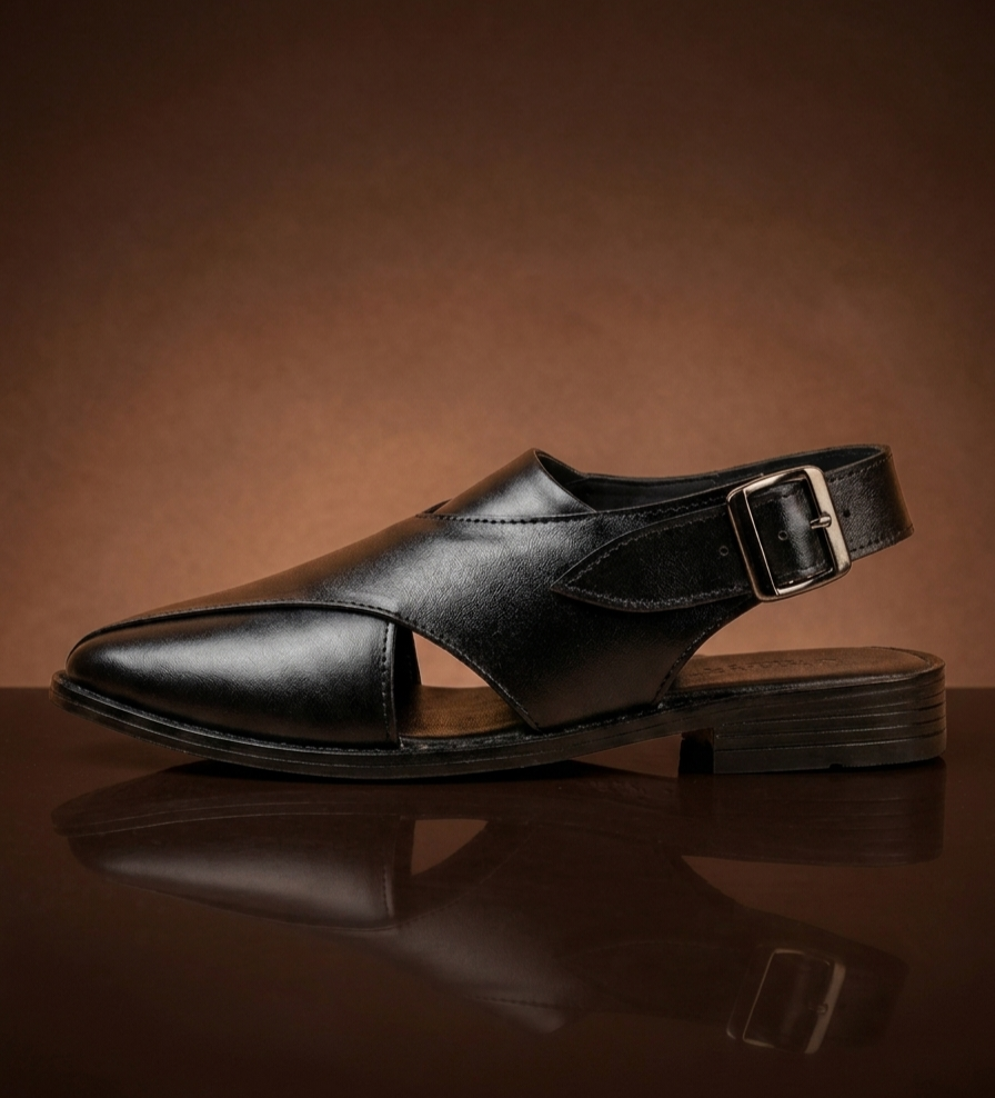 Men’s Traditional Black Leather Sandals for Casual & Festive Wear With TPR Sole