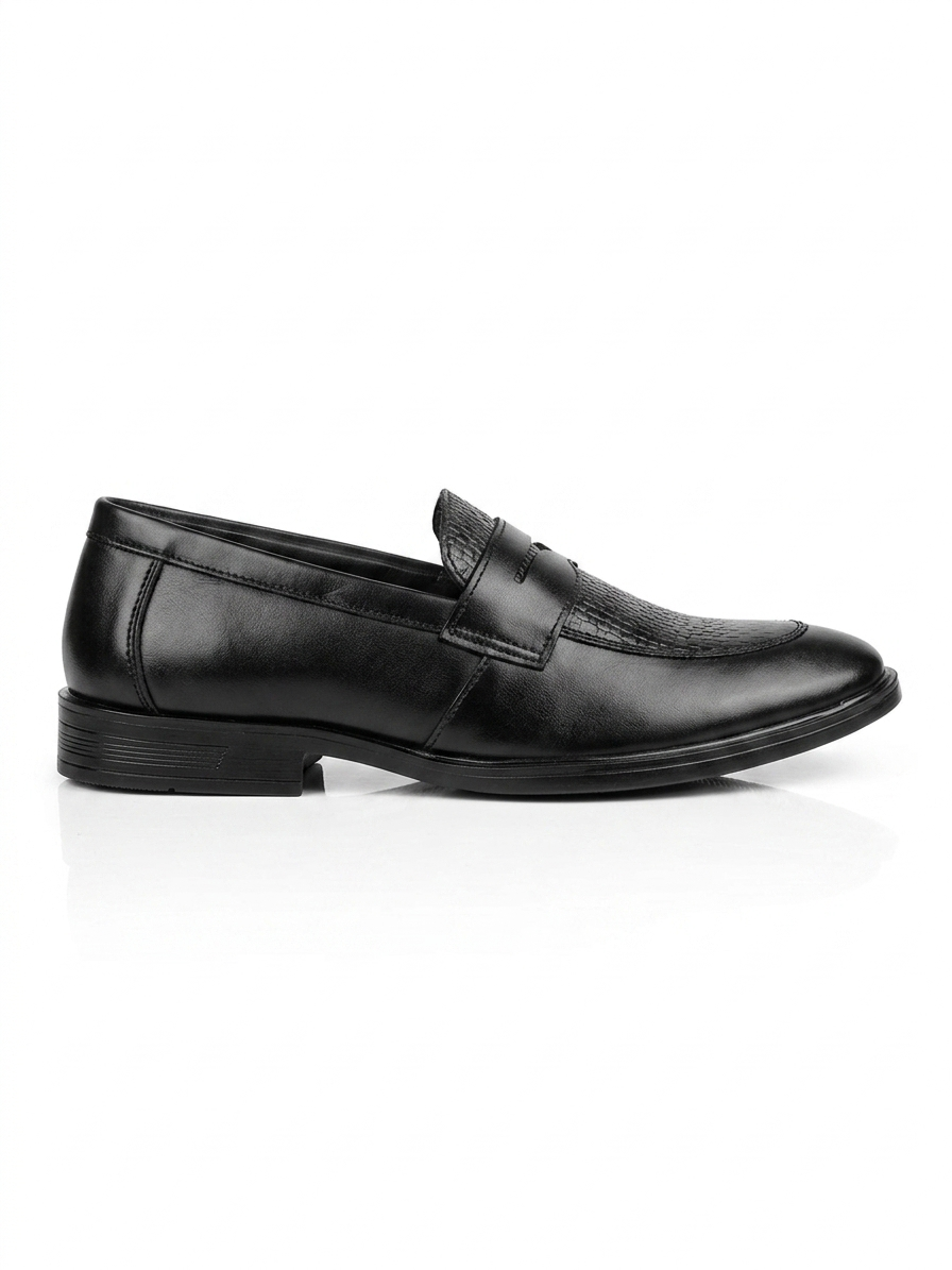 Pepe Cot London Men's Premium Black Textured Penny Loafers | Formal & Semi-Casual Slip-On Dress Shoes